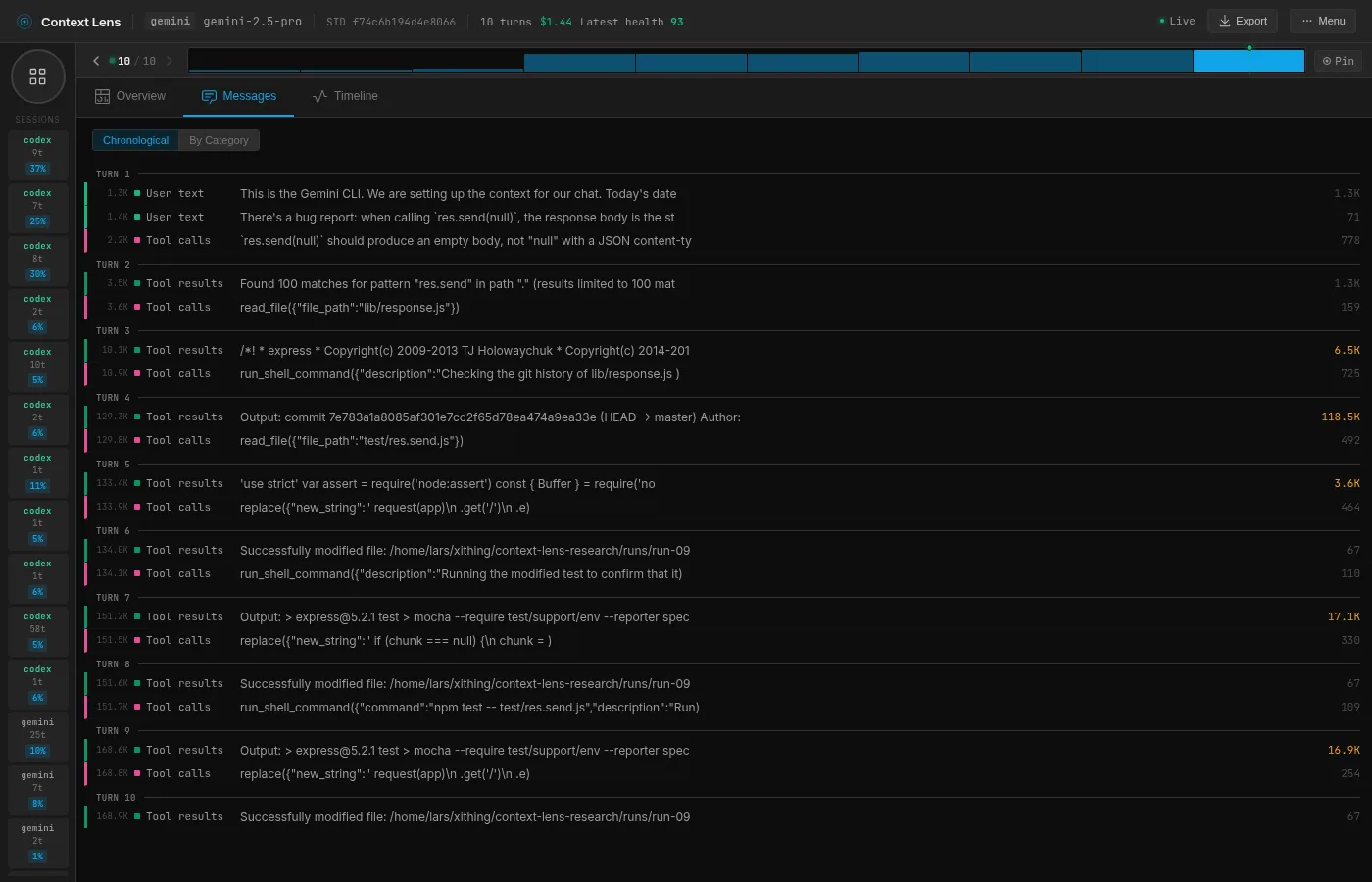 Gemini message view: read file, grep, git log, read tests, write failing test, fix, run suite
