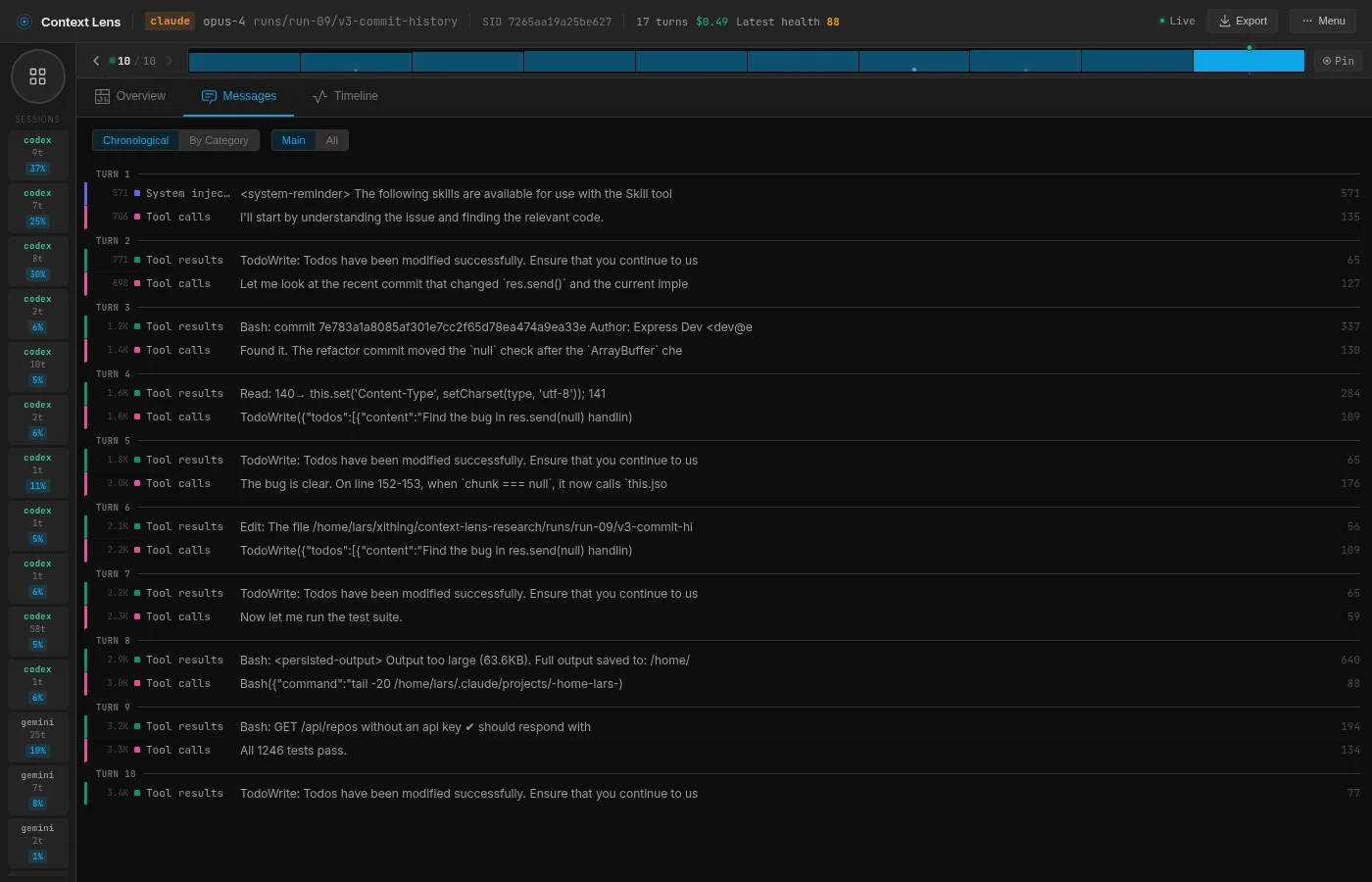 Opus message view: git log, git diff, read, fix, test